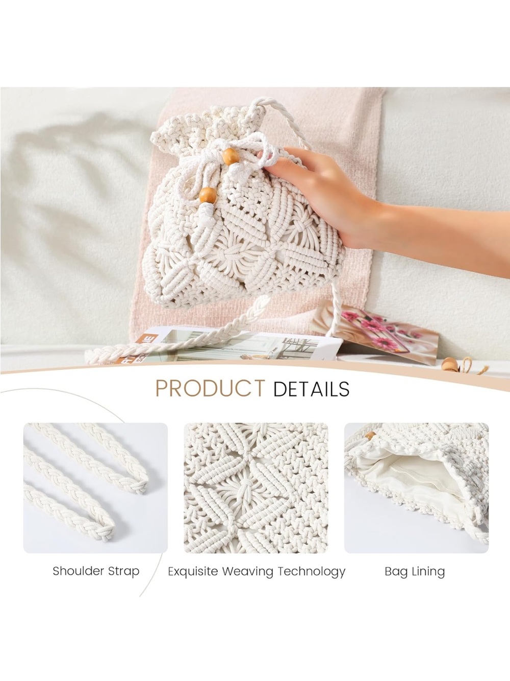 White Crochet Drawstring Mini Bag - Picture 5 of 8